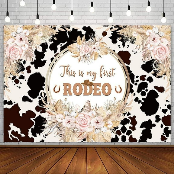 My First Rodeo 1st Birthday Backdrop for Western Cowgirl Wild One Bday Party Decorations Holy Cow Print Pink Boho Floral West Rustic Photography Background Banner Photo Shoot Props