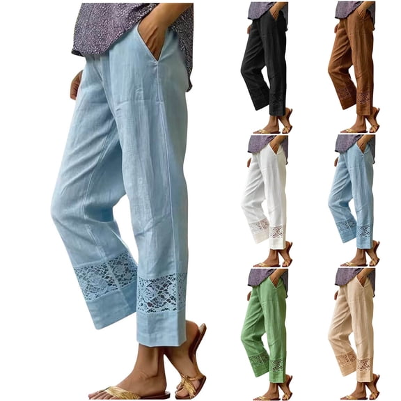 Miluxas Women Summer Cropped Pants Lightweight Cotton Linen Straight Leg Trouser Lace Hem High Waist Casual Vacation Pants with Pocket White