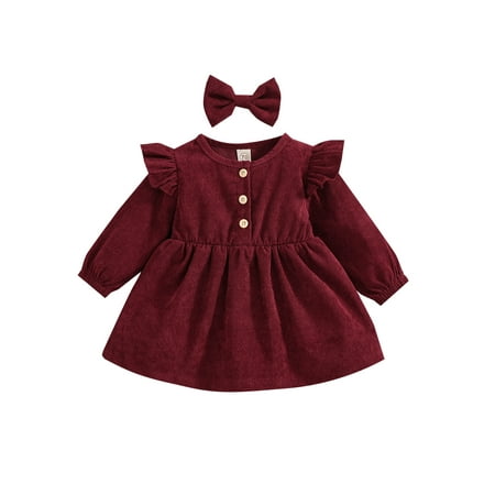 

Peyakidsaa Toddler Baby Kids Girl Corduroy Ruffle Long Sleeve Dress Princess Party Dress 0-4 Years