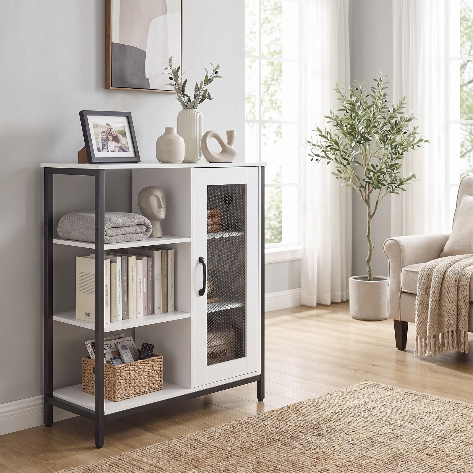 Furnibear Industrial Side Cabinet with Metal Mesh Door and 3 Open Shelves Narrow Buffet Sideboard Storage for Kitchen Dining and Living Room, White