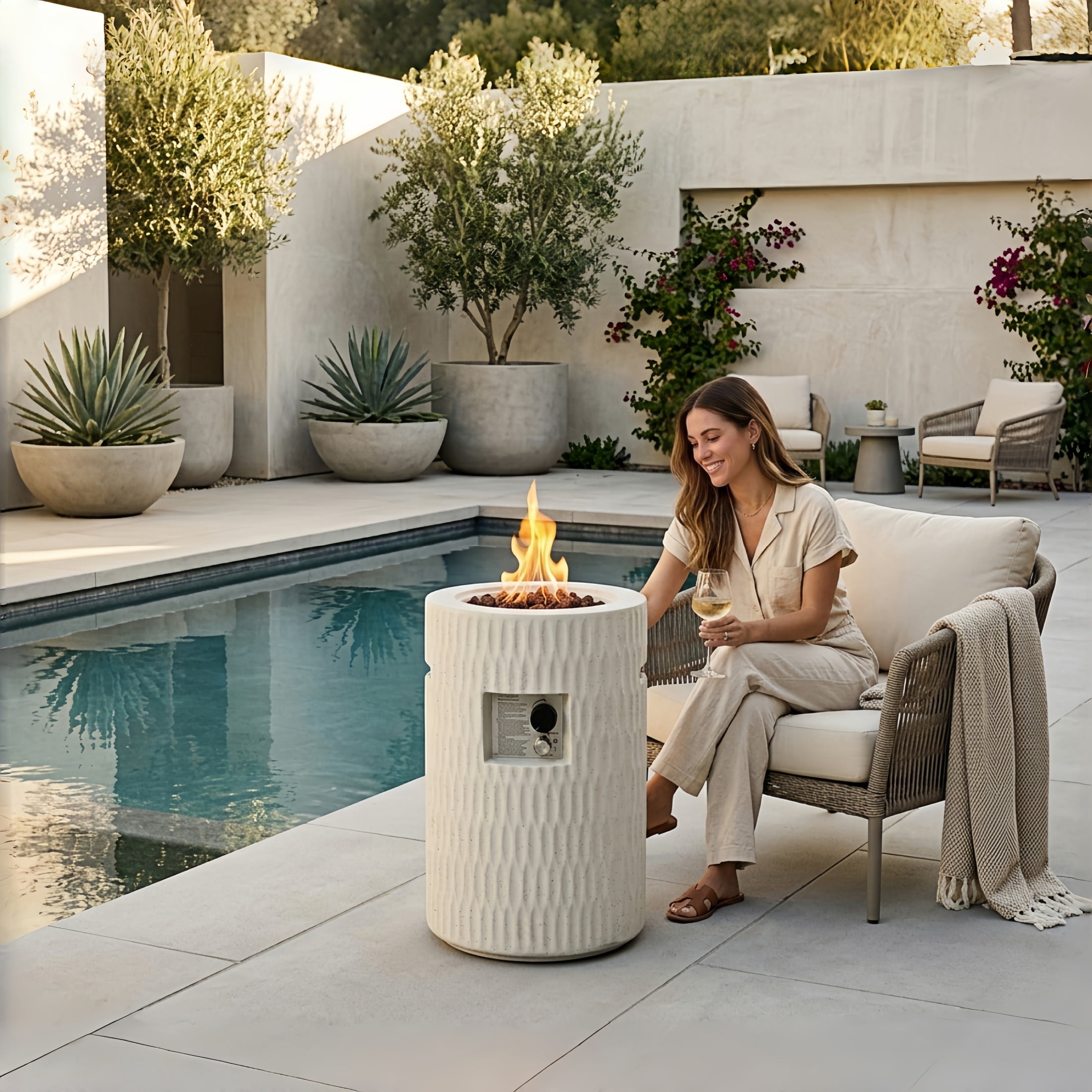 Atumcto 40,000 BTU Propane Fire Pit Column, 16.5" Round Concrete Outdoor Fire Pit with Lava Rocks and Cover for Patio, Backyard, Beige