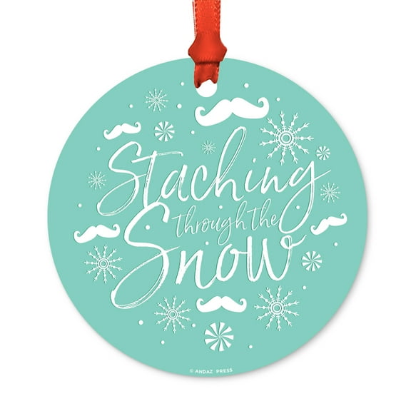 Funny Round Metal Christmas Ornament, Stashing Through the Snow, Mustache Graphic, Includes Ribbon and Gift Bag