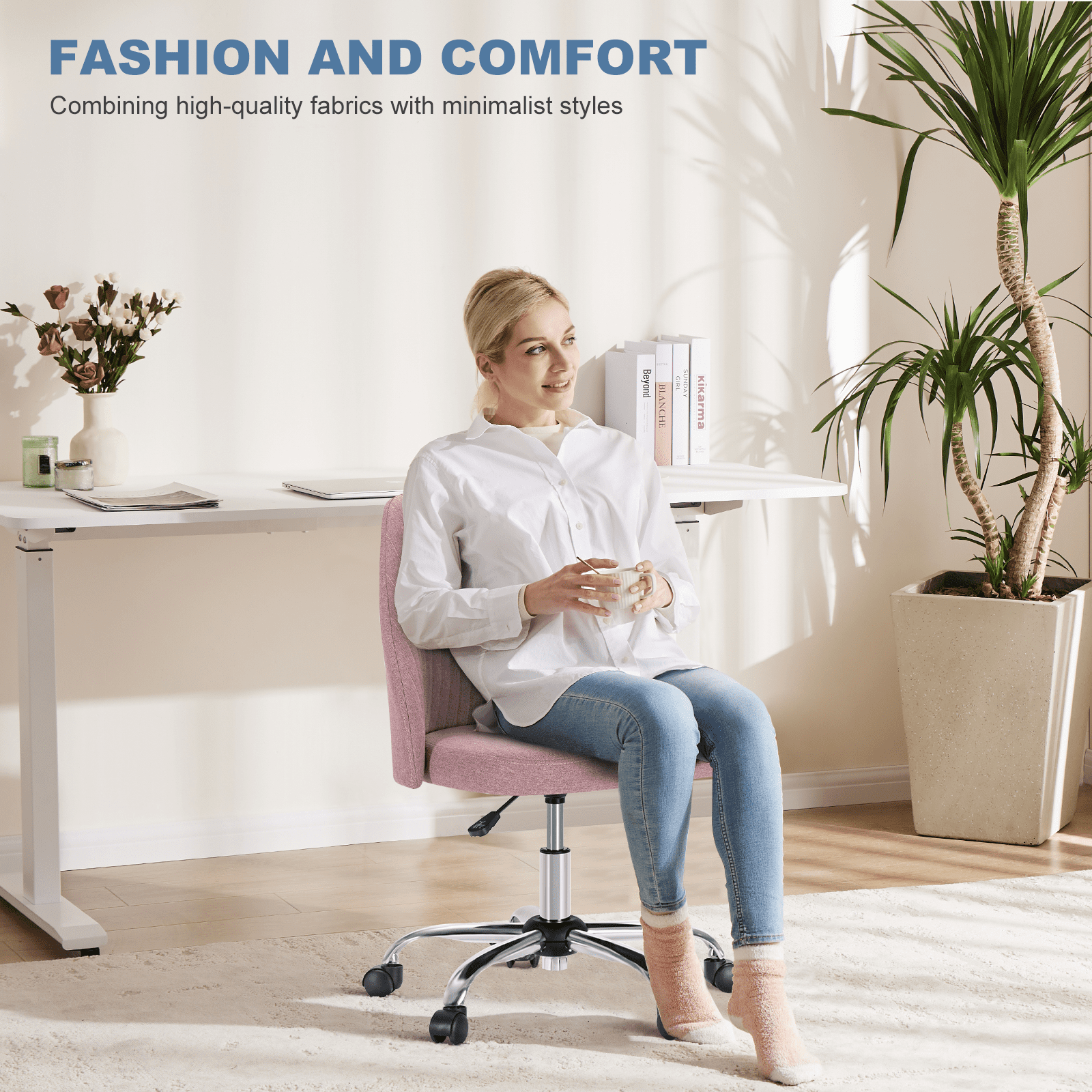 JIOABL Home Office Desk Chair, Office Chairs Desk Chair Rolling Task Chair Computer Chair Adjustable with Wheels Armless for Bedroom, Vanity Chair for Makeup Room, Living Room