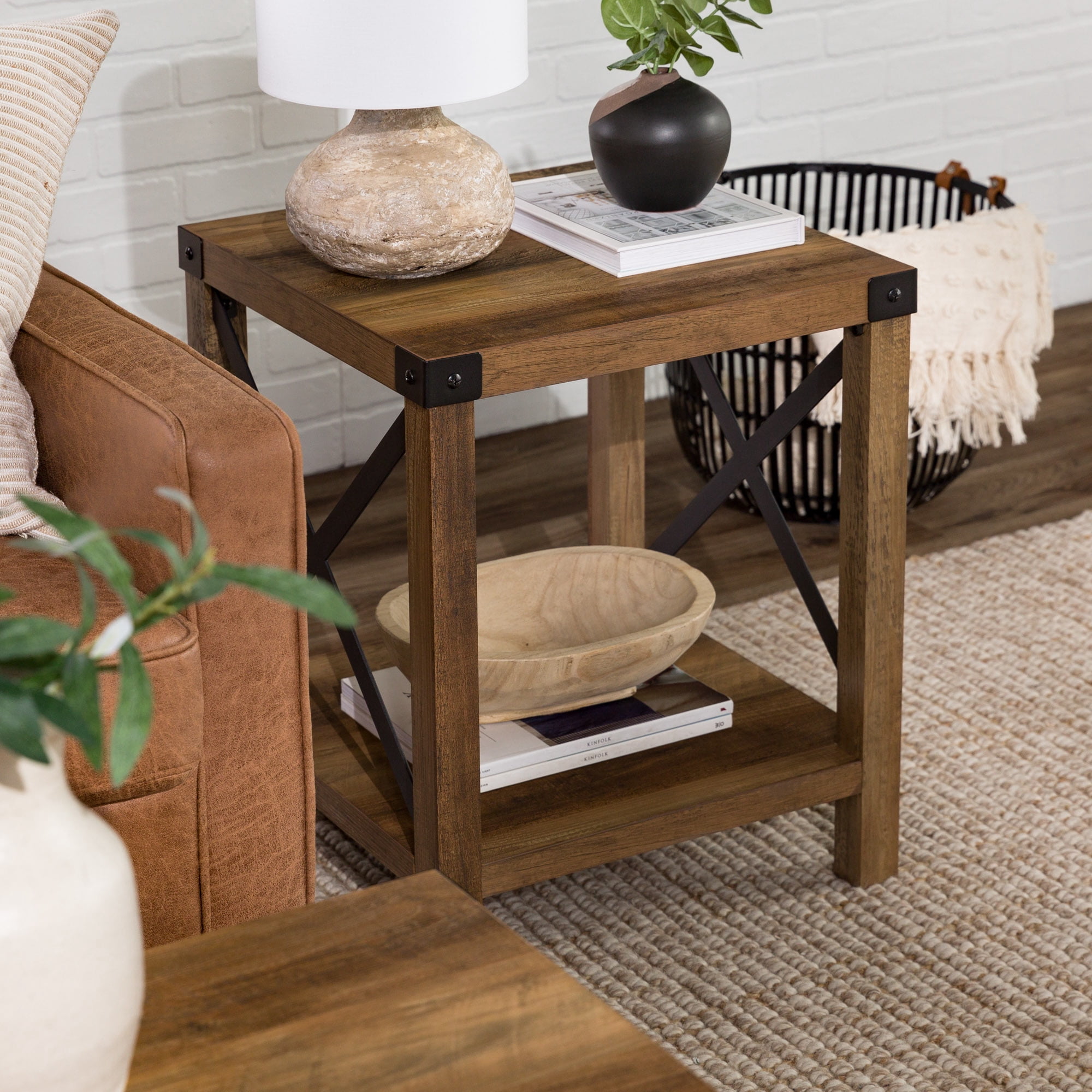 Walker Edison Magnolia Metal X End Table, Reclaimed Barnwood
