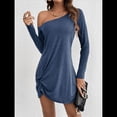 thumbnail image 4 of Vestido Mini Túnica de un Solo Hombro para Mujer, Larga, Liso, con Dobladillo Torcido, Elegante, Informal, Holgado, para y Verano. Azul S, 4 of 9