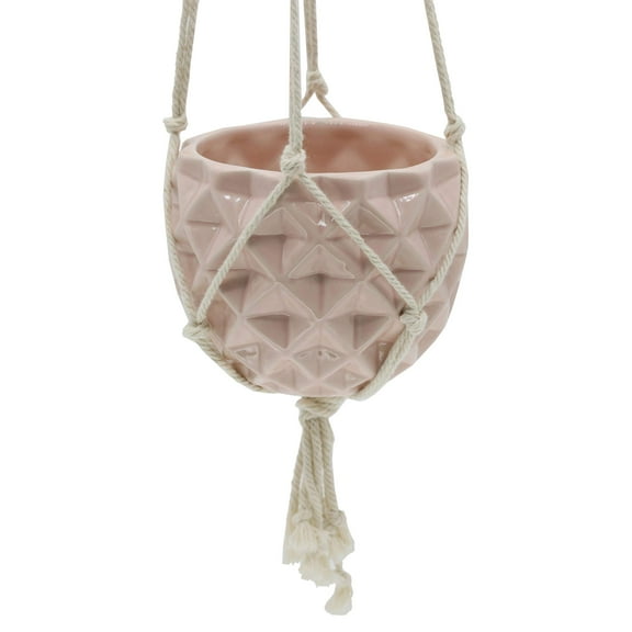 Flora Bunda Hanging Planter for Succulent 5" Ceramic Macrame Gloss Pink