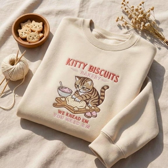 Embroidered Valentines Cat Sweatshirt, Kitty Biscuits Bakery Sweater, Vday Cat Lover Pullover, Cute Kitten Baking Cookies Love Crewneck