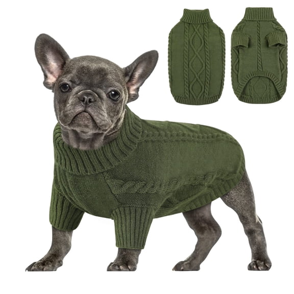 Queenmore Small Dog Pullover Sweater, Cold Weather Cable Knitwear, Classic Turtleneck Thick Warm Clothes for Chihuahua, Bulldog, Dachshund, Pug, Yorkie (Green, Small)