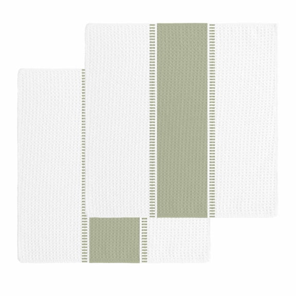 Sage Green Striped Dish Towels Set, Waffle Weave Kitchen Towels 2 Pieces, Modern Geometric Abstract Art Microfiber Hair Face Bath Tea Towel Absorbent Quick Drying Cleaning Dish Cloths 12"x12"