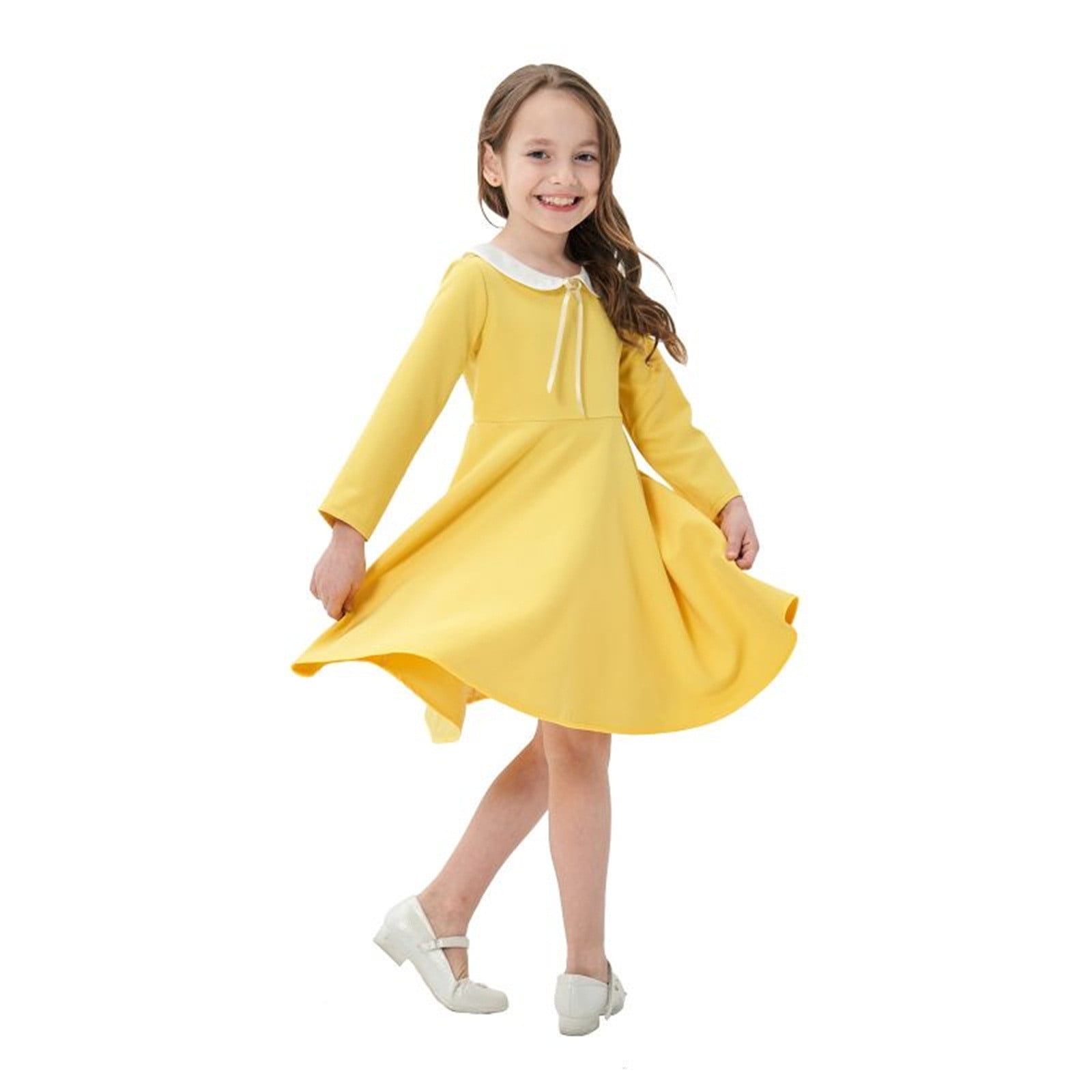 PEASKJP Little Girls Long Sleeve Dresses Long Sleeves Dress Crew Neck Tiered A Line Dresses Yellow 140