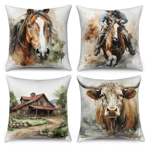 Farmhouse Outdoor Pillow Covers Set of 4,Animals Cow Horse Linen Decorative Pillow for Couch,18x18