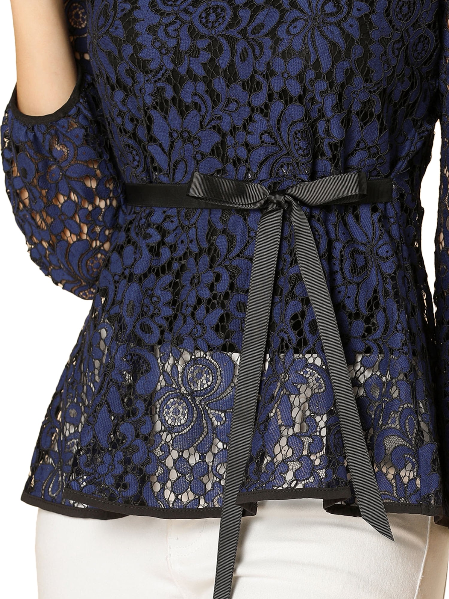 DARING DIVA Self-Tie Waist Semi Sheer Peplum Top L Dark Blue