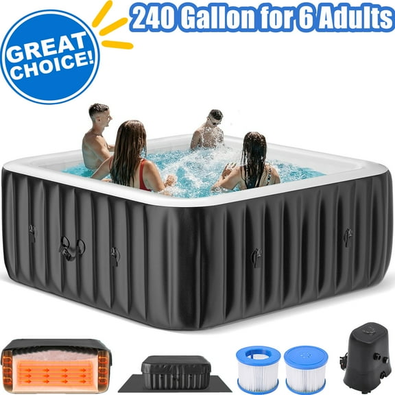 Inflatable Hot Tub 73"x73"x25", 4-6 Person Large Square Outdoor Spa Blow Up Hottubs with 130 Bubble Jets, Blow Up Air Hot Tub with Heater Pump, Insulated Cover, 2 Filter Cartridges