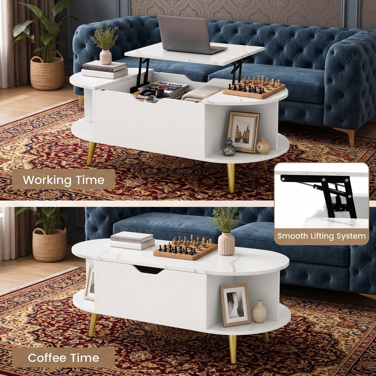 Furnibear Faux Marble Lift Top Coffee Table with Hidden Compartment and Side Shelves, 2-in-1 Rectangle Storage Center Table for Living Room, Engineered Wood &, White
