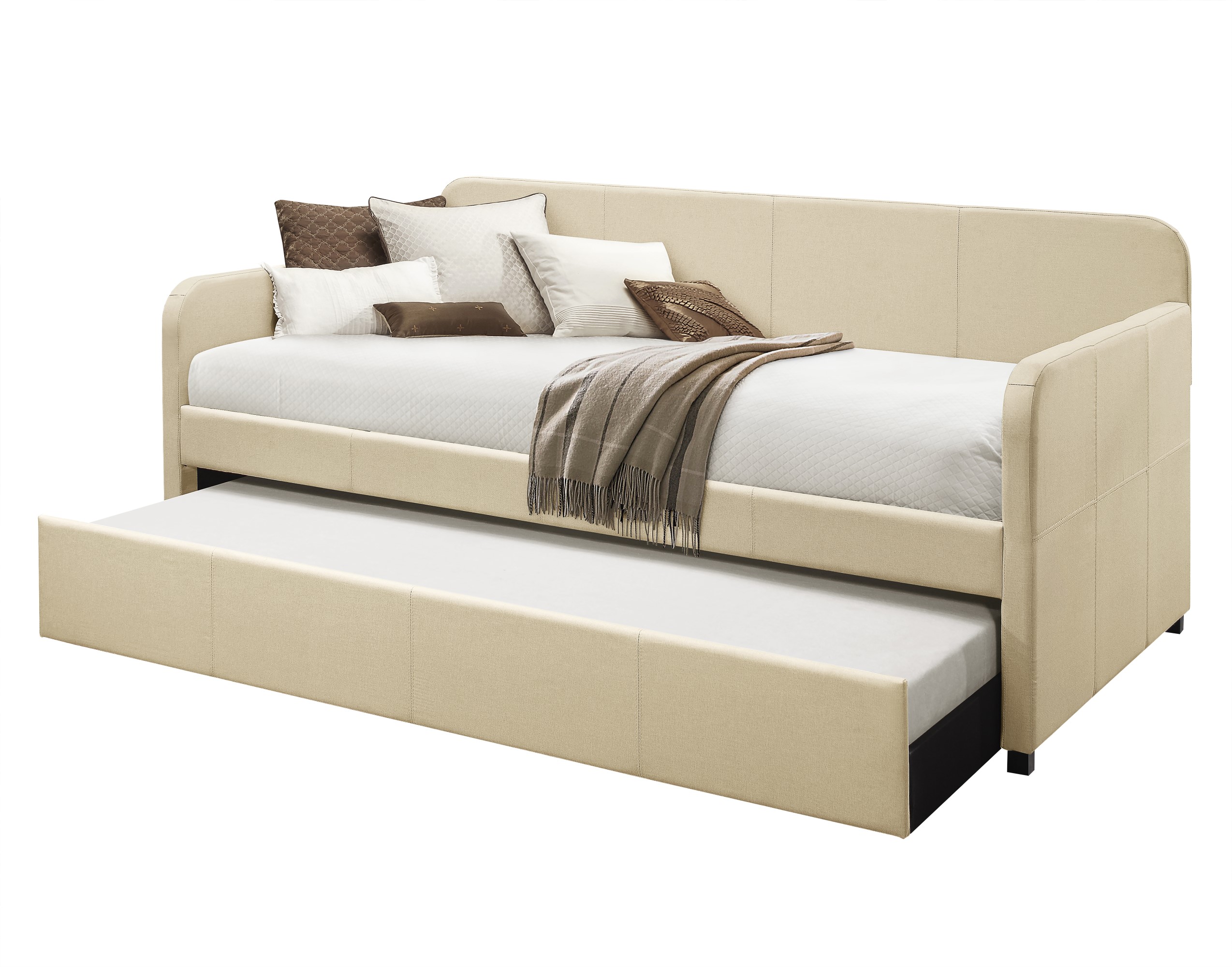 Home Design Tiara Twin Daybed with Upholstered Frame and Pull-Out Trundle, Casual Design for Bedroom or Guestroom, Beige
