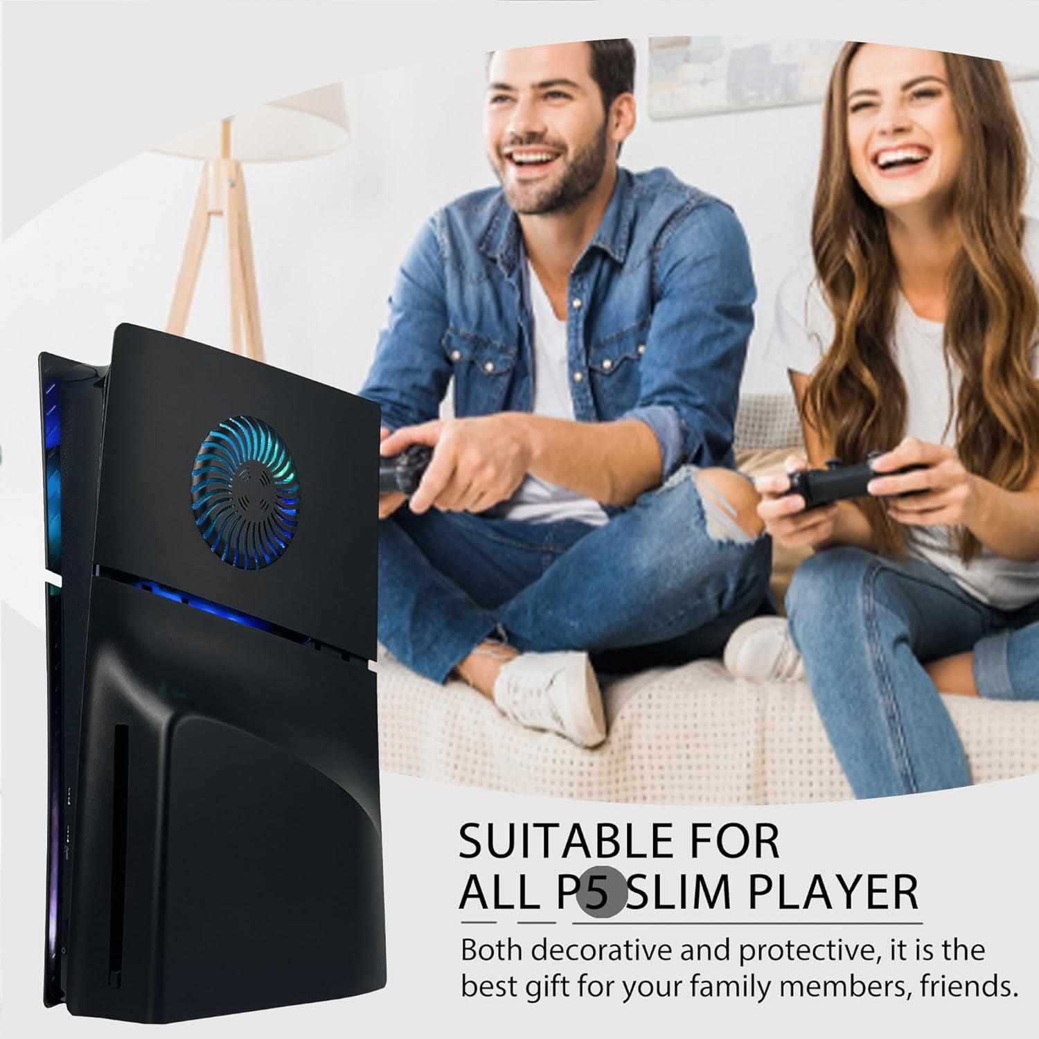 Faceplate for PS5 Slim Disc Edition with RGB Light Strip and Dust Filter with Cooling Vents 400+ Effects LED Light Ring Console Face Plate Cover DIY Decoration Kit Accessories Black