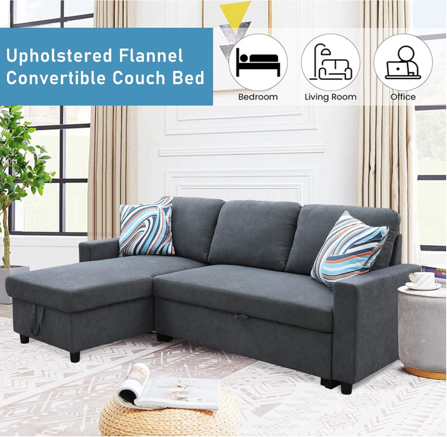 PonLiving 83" Reversible Sectional Sleeper Sofa with Storage Chaise Dark Grey Flannelette - Convertible L-Shaped Couch with Pull Out Bed