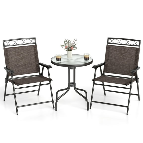 Topbuy 3 Pieces Bistro Set Outdoor Furniture Set with Tempered Glass Table Umbrella Hole
