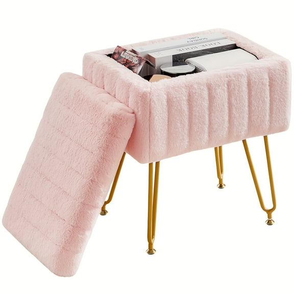 Vanity Storage Ottoman Chair, Makeup Vanity Chair With Metal Legs & Soft Faux Fur Surface, Flip Top Foot Rest With Soft Padded Seat For Bedroom Living Room