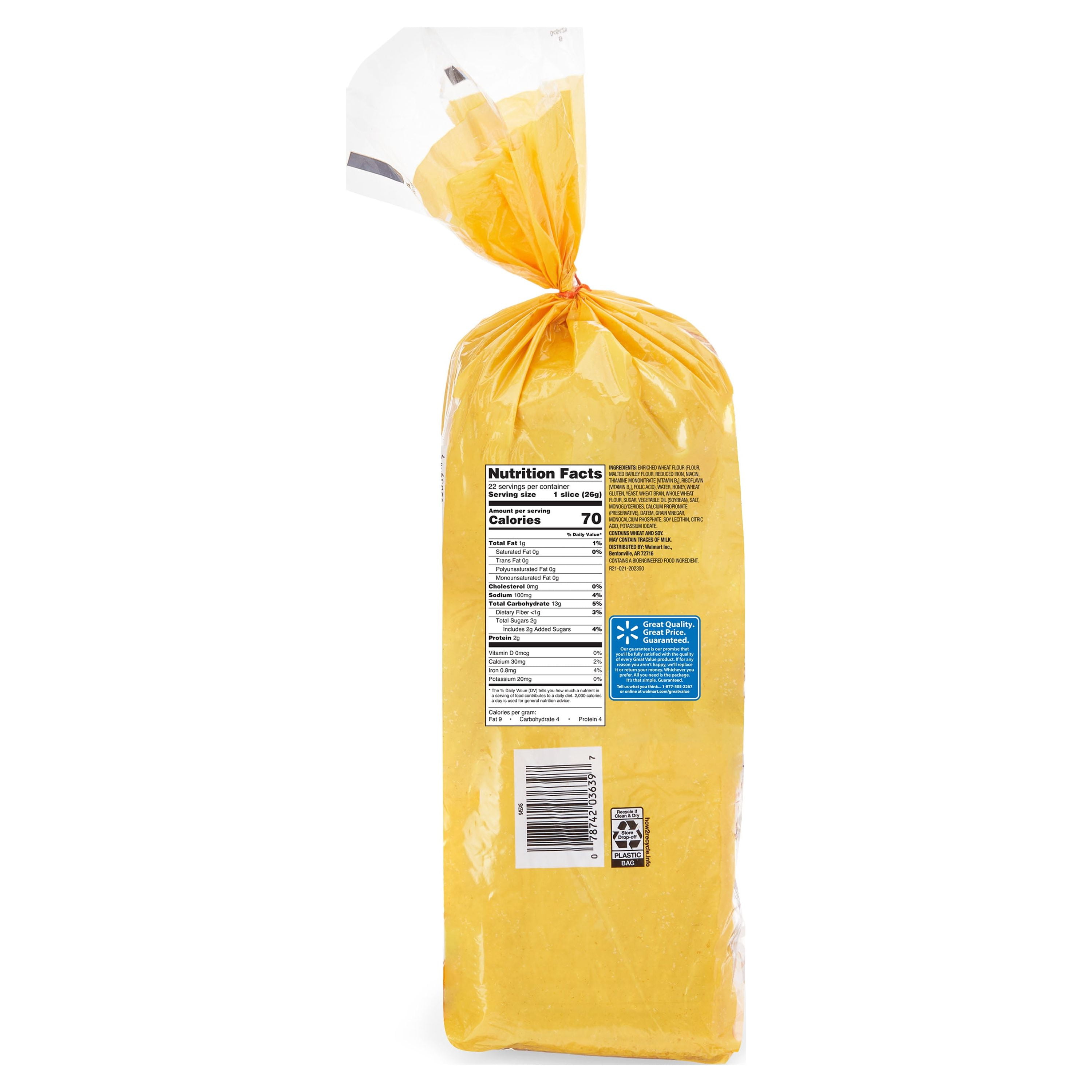 Great Value Honey Wheat Bread, 20 oz