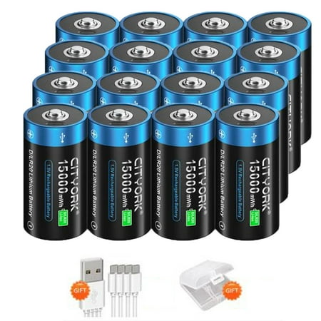 Image of 16 Pack 15000mWh 1.5V USB Lithium High Capacity D Size Rechargeable Batteries with 8 Pack Battery Case