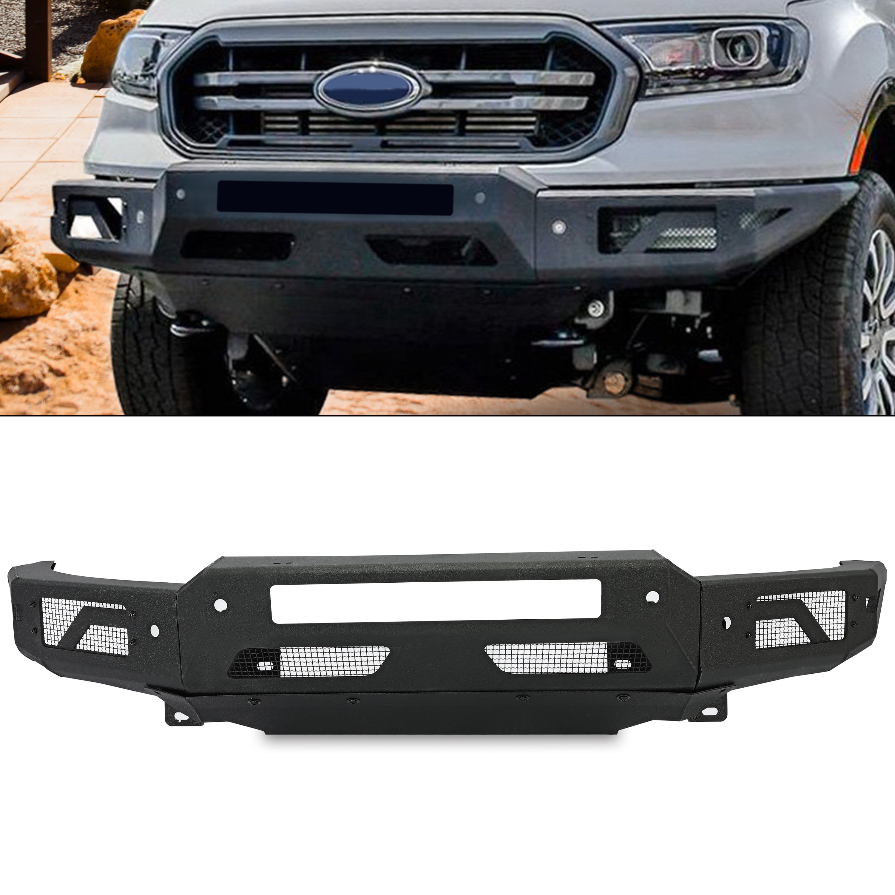 Kojem Steel Powder Coated Front Bumper Protector Compatible with 2019 2020 2021 Ford Ranger Off-Road Black