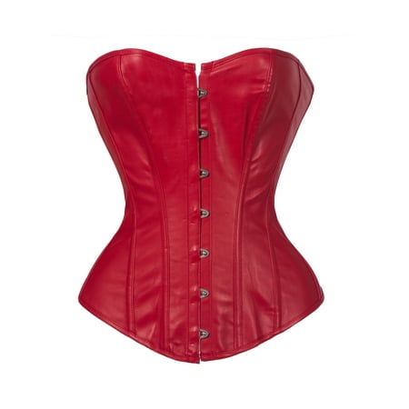SAYFUT Fashion Faux Leather Buckle-Up Overbust Corset Body Shaper for Women With Sexy G-String Red Size S-6XL