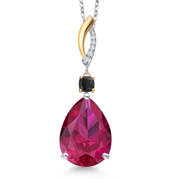 925 Silver and 10K Yellow Gold Red Created Ruby and Black Onyx & Lab Grown Diamond Pendant Necklace for Women | 26.59 Cttw | Gemstone July Birthstone | Pear Shape 18X13MM | With 18 " Chain