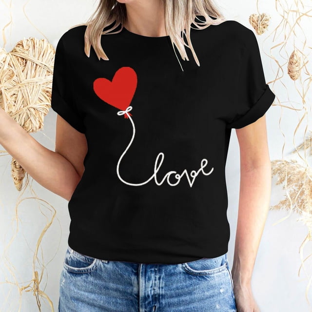 Meichang Hauts pour Femmes T-Shirts de la Saint-Valentin T-Shirts de Fête à Col Rond T-Shirts à Imprimé Cœur d'Amour T-Shirts à Manches Courtes Jolis Tees Blouses en Liquidation