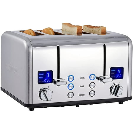 

TUYUAN 4 Slice Toaster Ultra-Clear LED Display & Extra Wide Slots Dual Control Panels of 6 Shade Settings Cancel/Bagel/Defrost Function Removable Crumb Trays Stainless Steel Toaster
