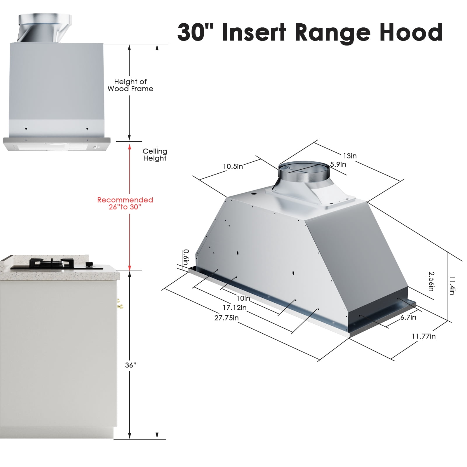 30 in. 900 CFM Convertible Insert Range Hood with 4-Speed Control,Low Noise,Long-term Warranty,Lights in Stainless Steel