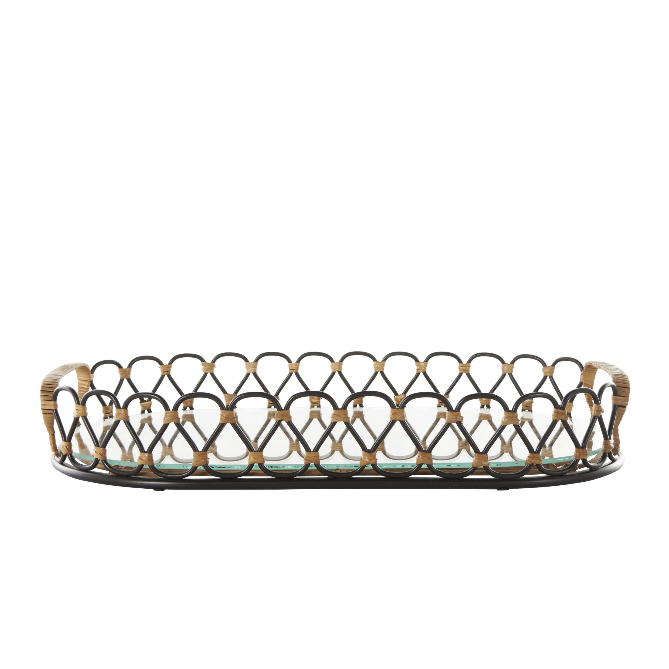 DecMode 22" x 12" Black Metal Circular Woven Tray with Glass Base, 1-Piece