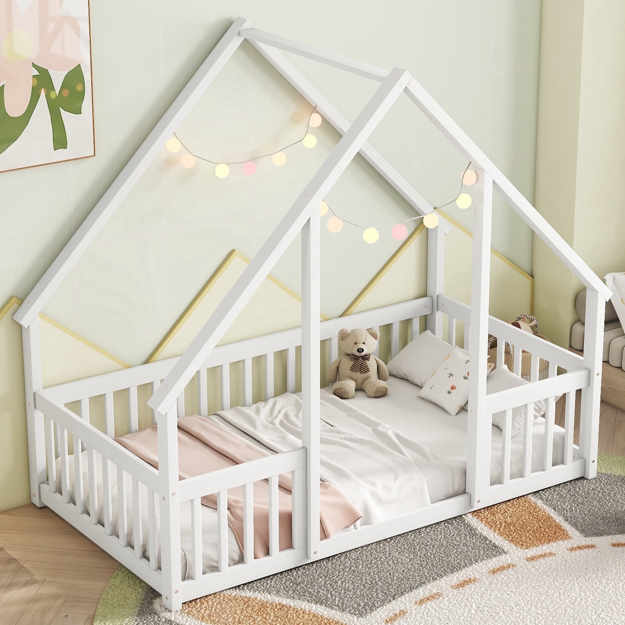 Bellemave Twin Size Floor Bed Frame, Wooden House Bed Twin Size with Fence, Montessori Bed with Guardrails for Bedroom(White)