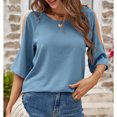 thumbnail image 3 of Camisa de manga corta para mujer, hombros descubiertos, cuello redondo, Color puro, ajuste holgado, blusa informal para mujer para compras diarias, azul grisáceo S, 3 of 6