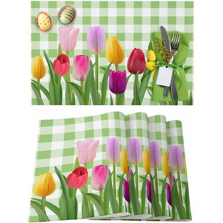 

Easter Placemats Set of 6 Tulip Green Buffalo Plaid Placemat for Dining Table Decorations Spring Flower Floral Place Mats Spring Table Mats for Kitchen Dinner Seasonal Holiday Party Decor