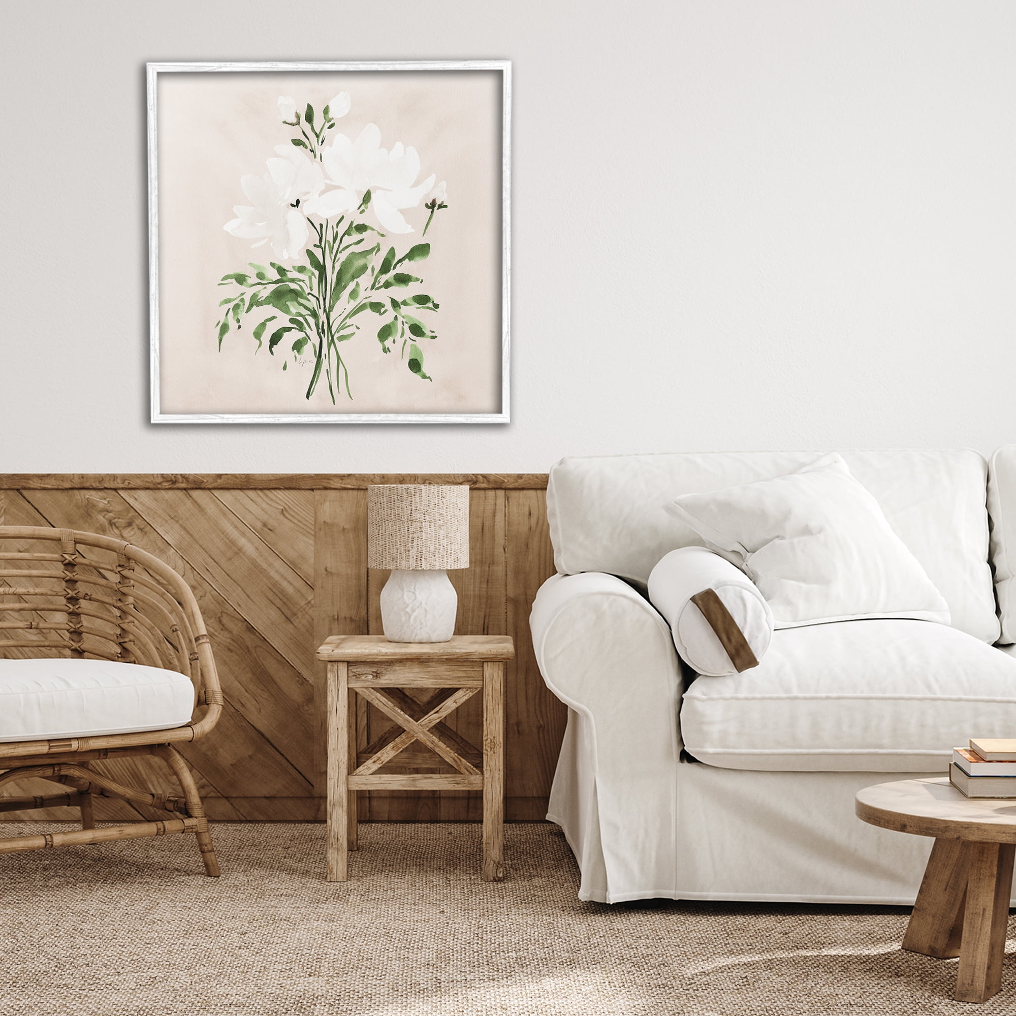 Stupell Industries White On Tan Floral White Framed Giclee Art, design by Lucille Price