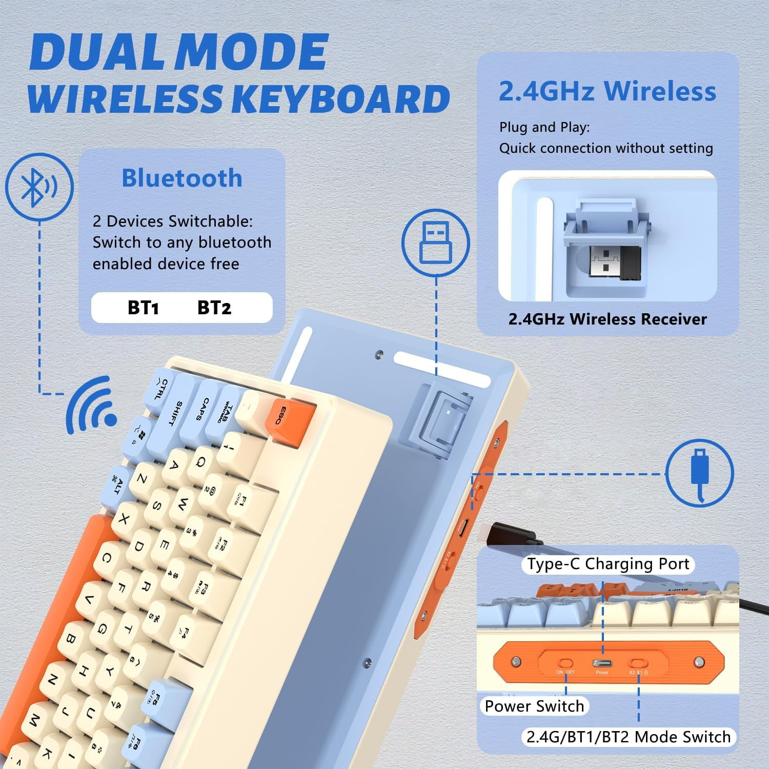 ATTACK SHARK Anti-ghosting Bluetooth Gaming Keyboard, Creamy Blue