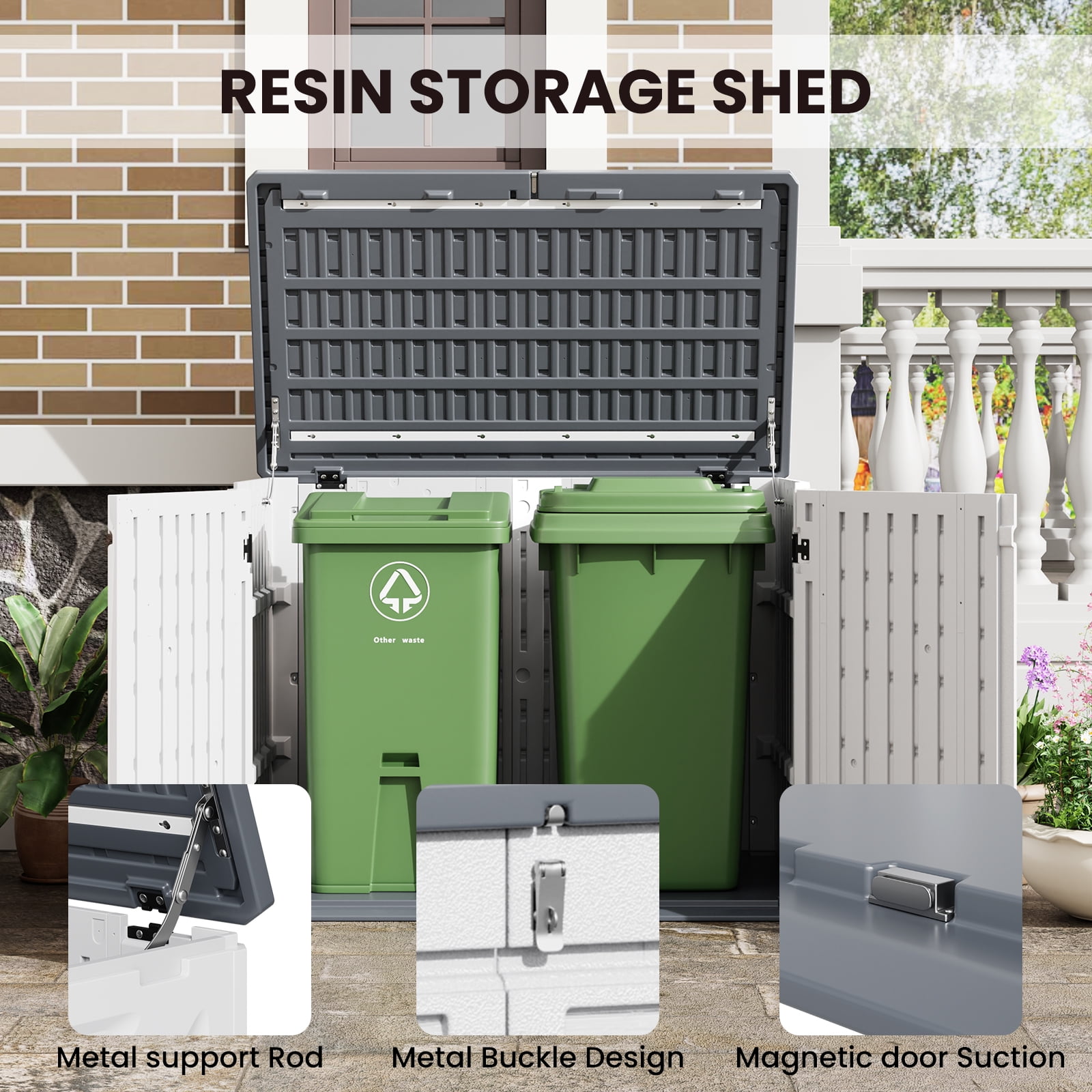 Outdoor Resin Storage Shed, 35 Cu.Ft Trash Can Storage Box with Lockable Door, Horizontal Outdoor Storage Cabinet for Garbage Cans, Garden Tools