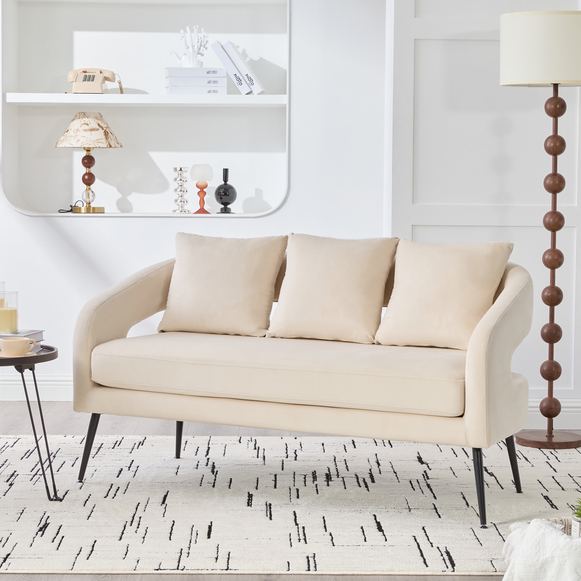 Noble House Norford 53.7" Velvet Open-Back Loveseat Settee, 2-Seater Small Sofa with Pillows and Metal Legs, Beige