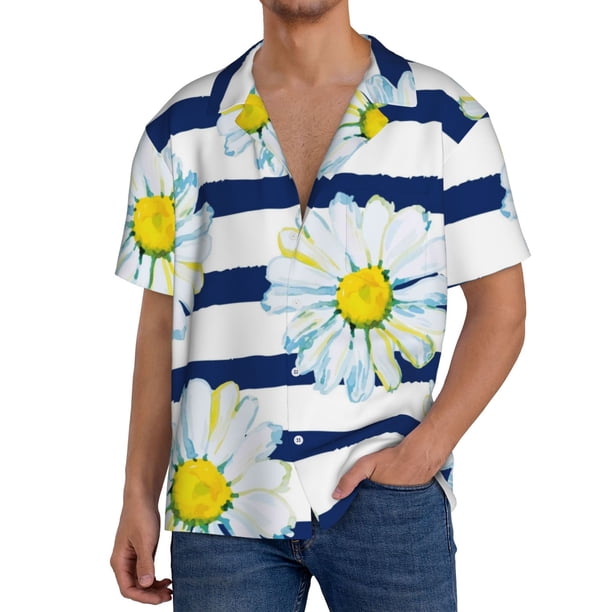 Balery Daisy Striped Nautical Camisa Casual de Manga Corta con Botones para Hombre, Texturizada, Estilo Cubano, para Playa, Verano-Medium