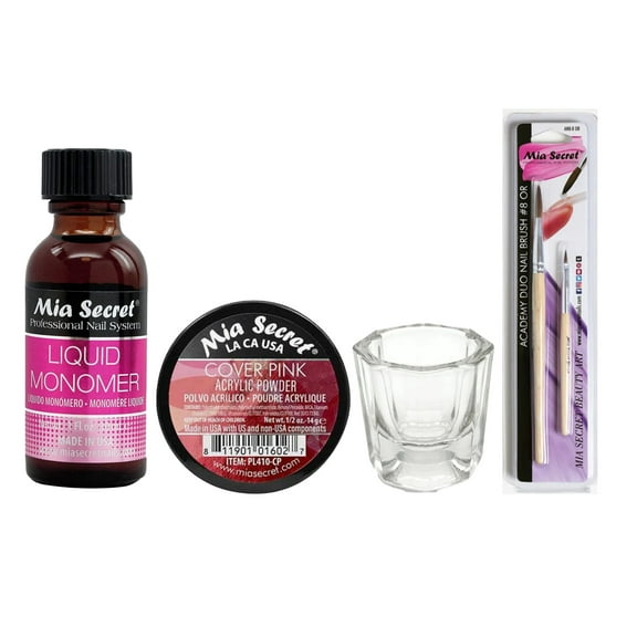 Mia Secret - Liquid Monomer 1oz   Cover Pink Acrylic Powder 0.5 oz   Dappen Dish   Academy Duo Nail Brush #8 OR - COMBO