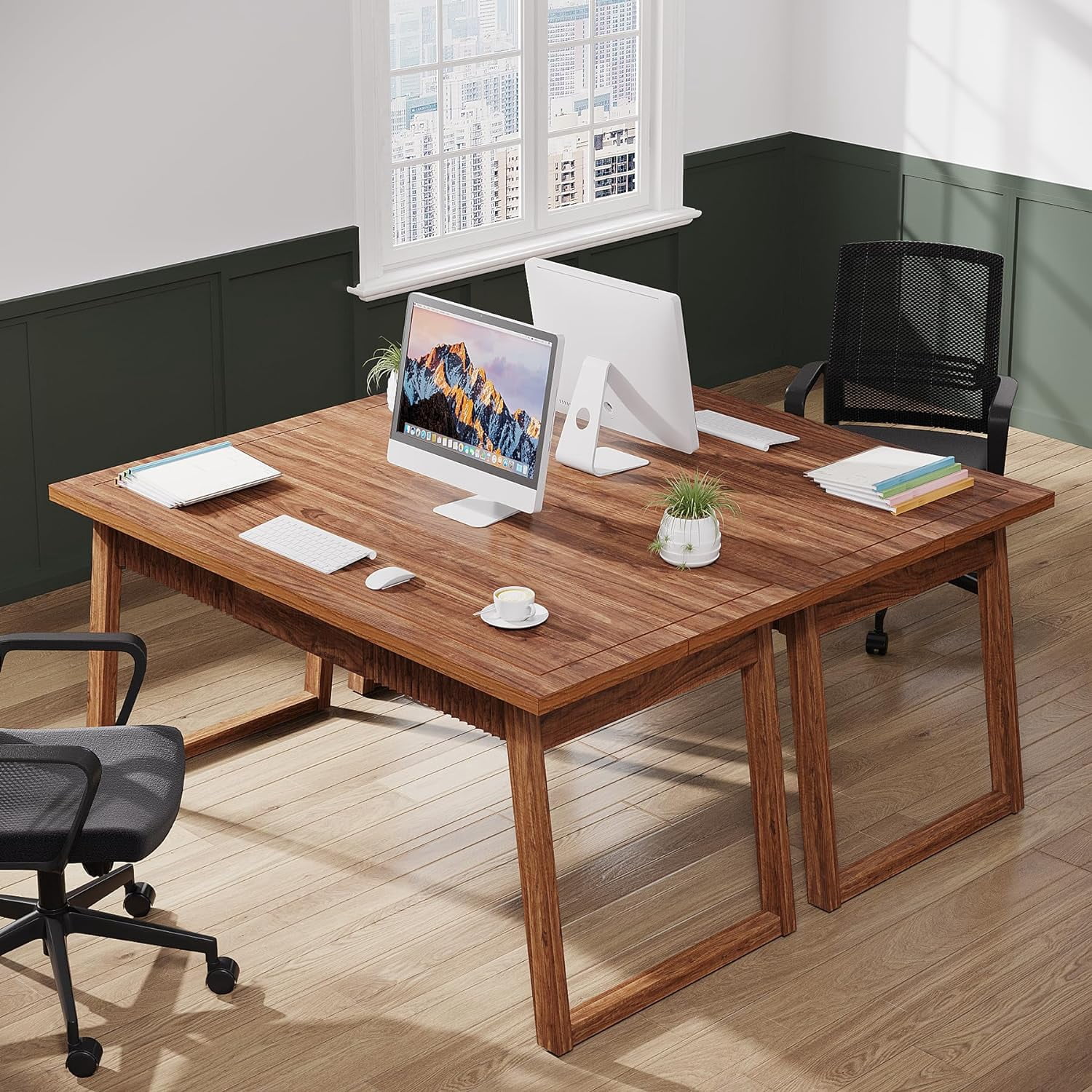Tribesigns 55" Executive Desk, Solid Wood Home Office Computer Desk with Drawer, Walnut Brown