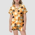 thumbnail image 2 of Caqnni Satin Pajamas Set for Girl Halloween Skeleton Pumpkin Print Pjs 2 Piece Short Sleeve Button-Down Shirt with Shorts Girls Halloween Pajamas Sets (6-7 Years,Yellow), 2 of 5