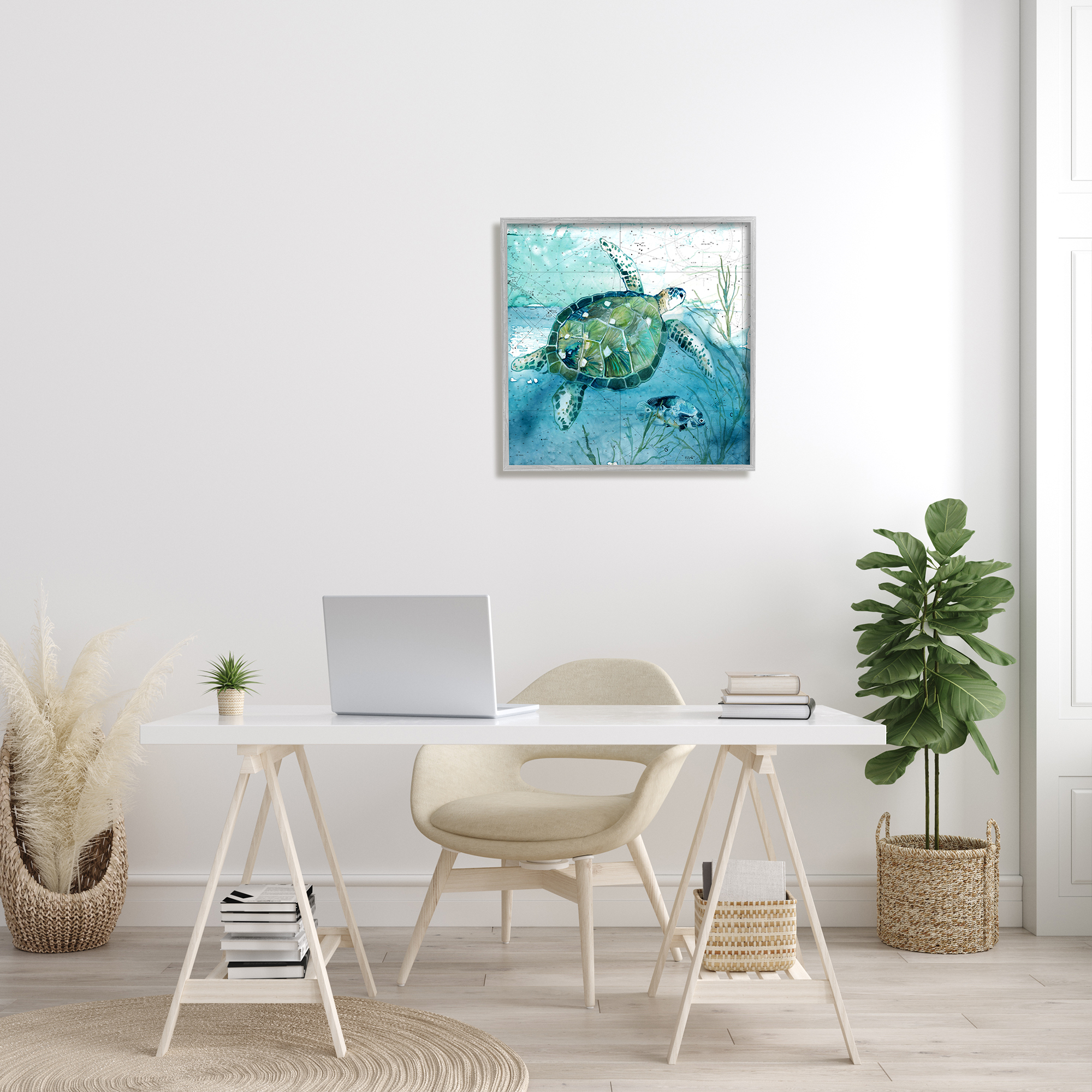 Stupell Industries Sea Tortoise and Fish over Blue Nautical Ocean Map, 24 x 24, Design by Carol Robinson