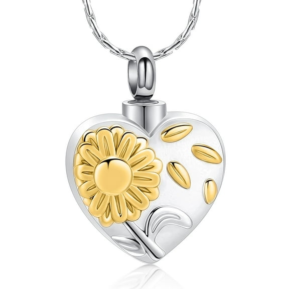 Stainless Steel Sunflower Heart Urn Pendant Memory Necklace for Cremation Ashes Keepsake Memorial Jewelry