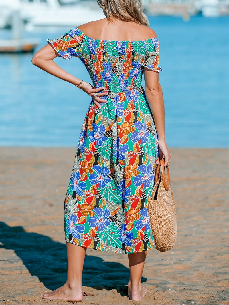 cupshe off the shoulder dress Off-Shoulder Flounce Maxi Dress in Tropical Print for Vacation