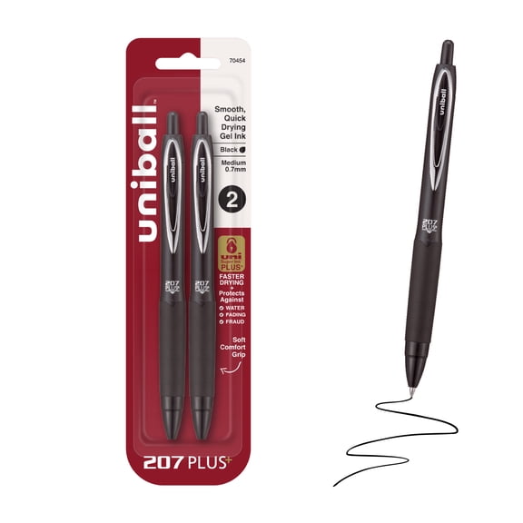 uniball™ 207 Plus Retractable Gel Pens, Medium Point, 0.7mm, Black Ink, 2 Count