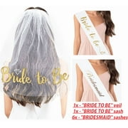 BRIDE TO BE and BRIDESMAID Bridal Shower party favor SET Bachelorette Party Sashes and veil set - WHITE with GOLD PRINT