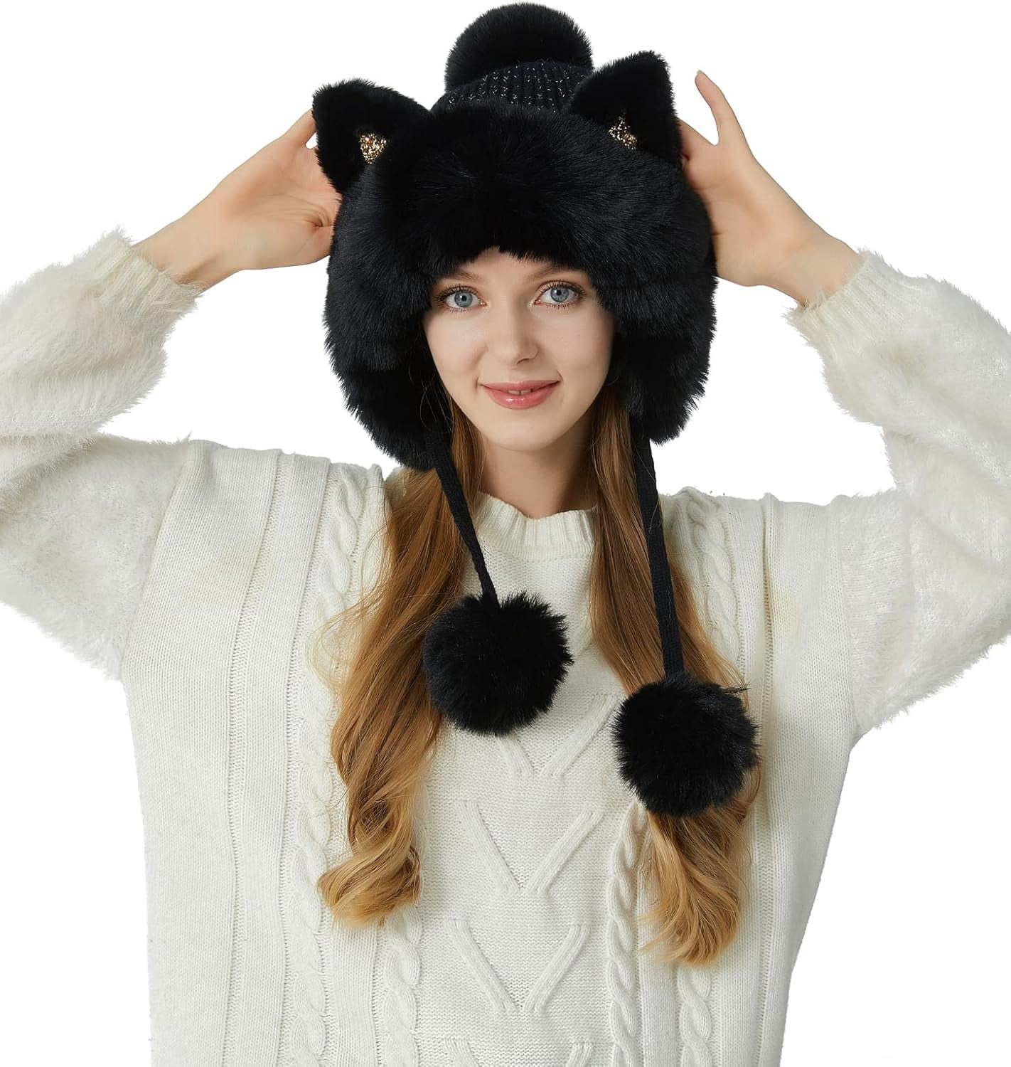 Women Winter Cover Ears Beanie Hat Ear Flaps Ski Snow Hats Knit Fleece Lined 3 Pom Pom