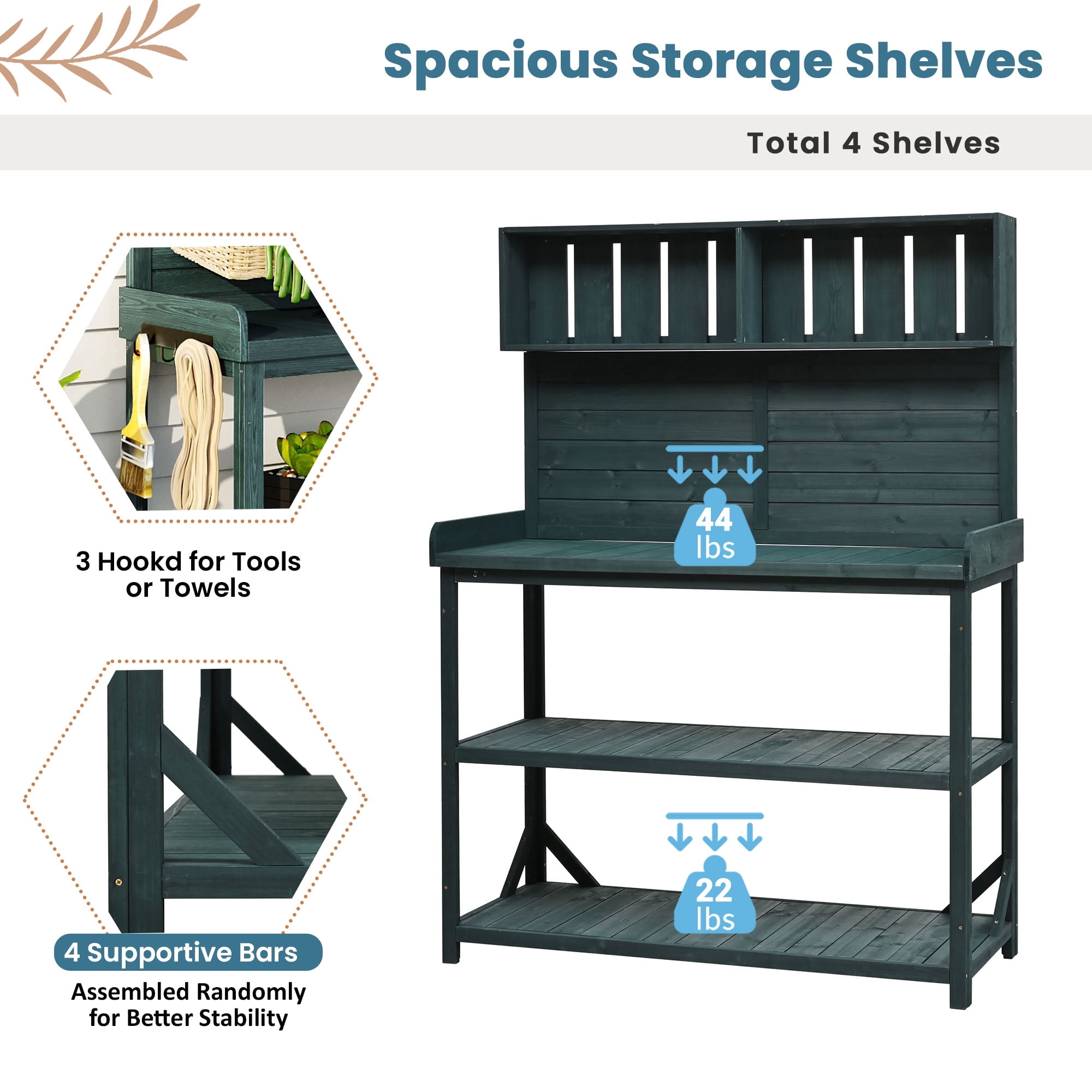 MAYEERTY 65" Tall Outdoor Wood Potting Bench, Farmhouse Garden Workstation with 4-Tier Storage Shelves, Side Hooks & Anti-Falling Safety Device for Patio, Backyard, Lawn